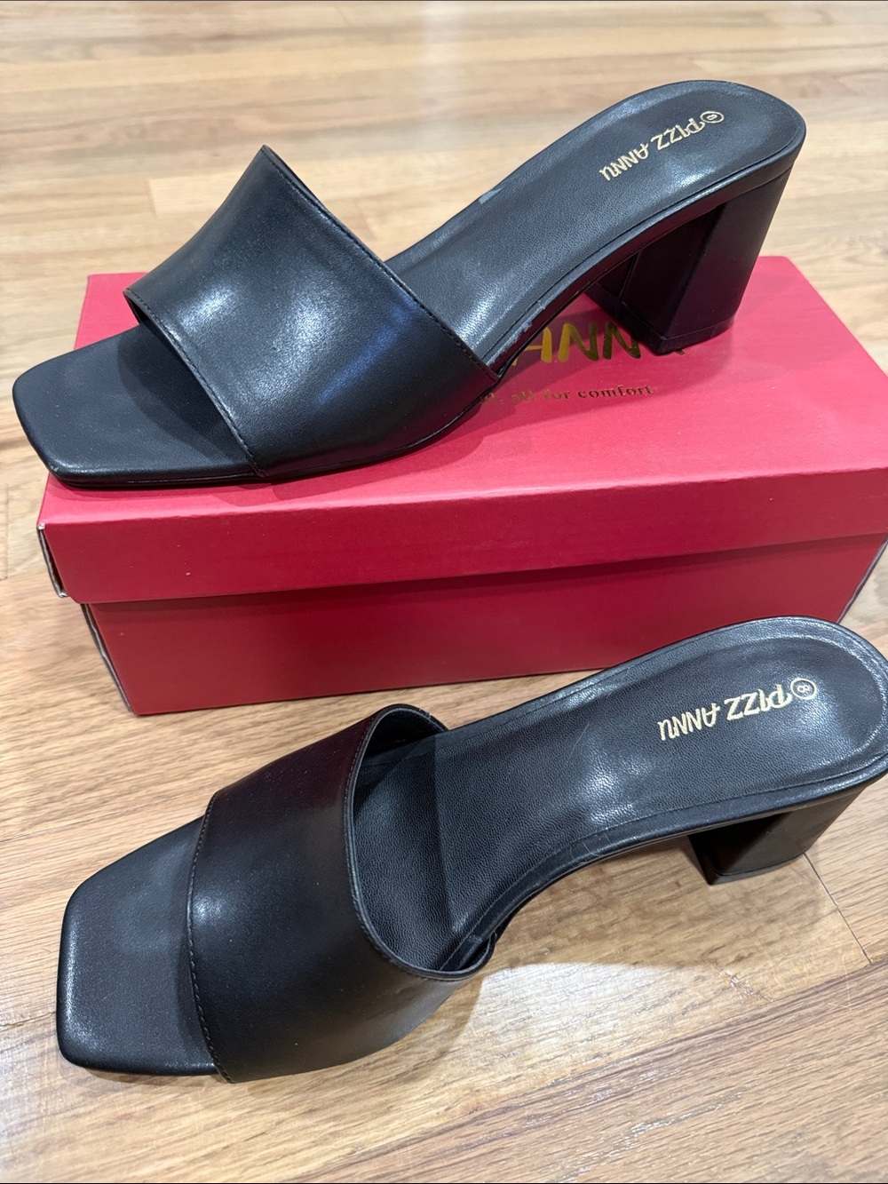 Black Square-Toe Block Heel Slide Sandals -